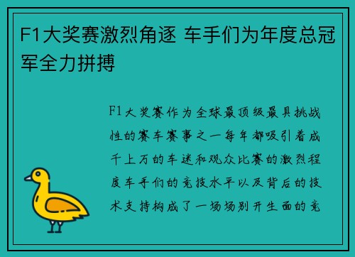 F1大奖赛激烈角逐 车手们为年度总冠军全力拼搏