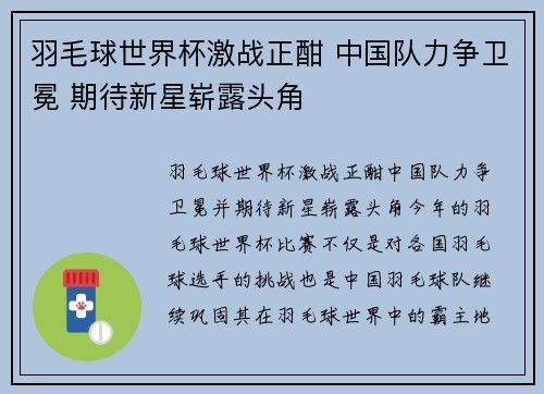 羽毛球世界杯激战正酣 中国队力争卫冕 期待新星崭露头角