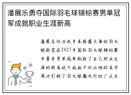潘展乐勇夺国际羽毛球锦标赛男单冠军成就职业生涯新高